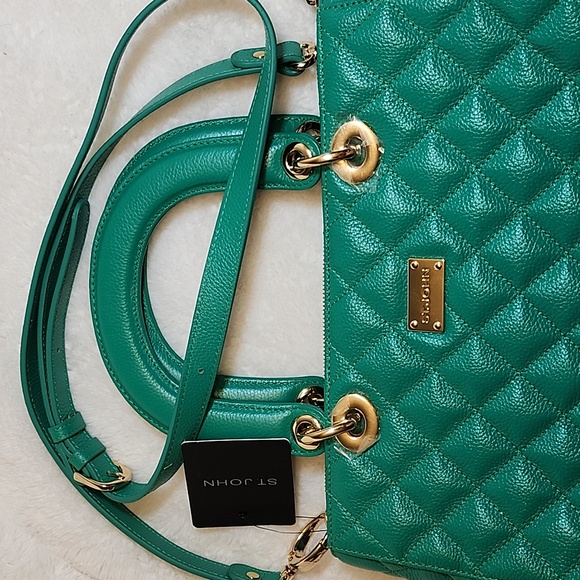 St. John Kelly quilted  Green Leather Sachel's handbag Preppy - Picture 15 of 16